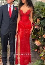 Red Column Strapless Beaded Floor-Length Tassel Prom Dresses with High Slit