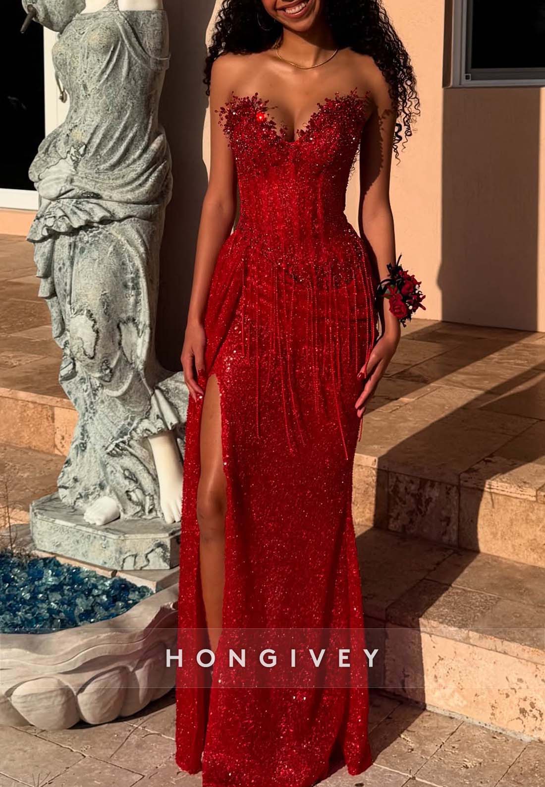 Red Column Strapless Beaded Floor-Length Tassel Prom Dresses with High Slit