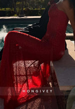 Red Column Strapless Beaded Floor-Length Tassel Prom Dresses with High Slit