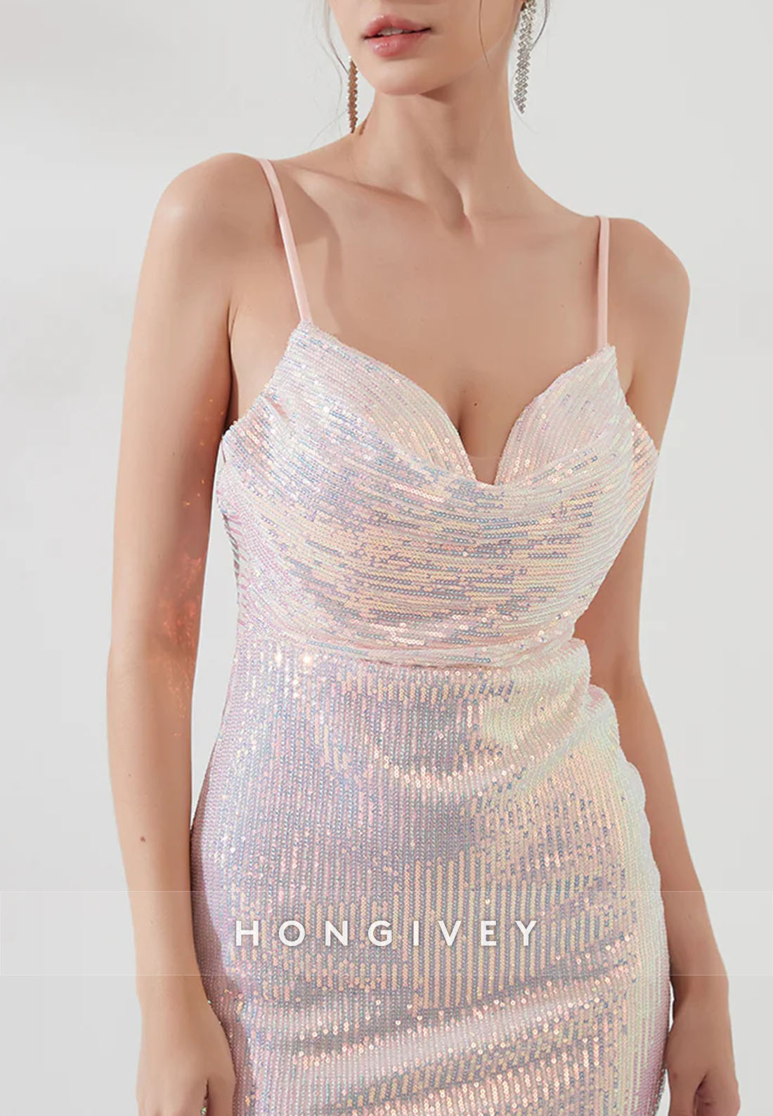 Sparkly Spaghetti Straps Open Back Sequined Sheath Mini Homecoming Dress