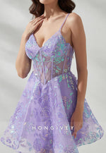 Violet Spaghetti Straps Appliqued A-Line V-Neck Short Homecoming Dress