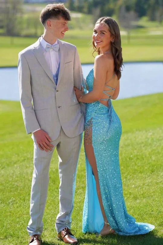 V-neck Blue Sequin Mermaid Long Dress with Slit