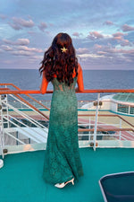 V-neck Green Lace Mermaid Long Dress with Slit