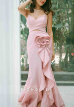V-neck Pink Ruffled Hem Side Slit Mermaid Long Prom Dress with Rosette