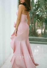 V-neck Pink Ruffled Hem Side Slit Mermaid Long Prom Dress with Rosette