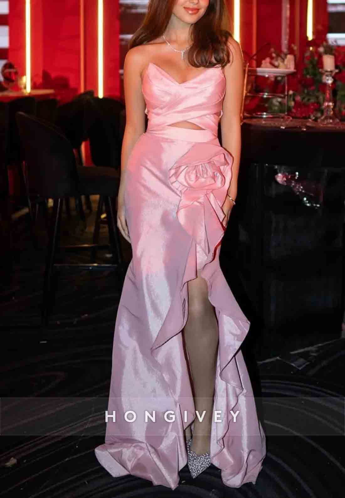 V-neck Pink Ruffled Hem Side Slit Mermaid Long Prom Dress with Rosette