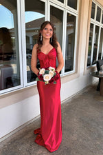 V-neck Red Beaded Mermaid Long Dress with Slit
