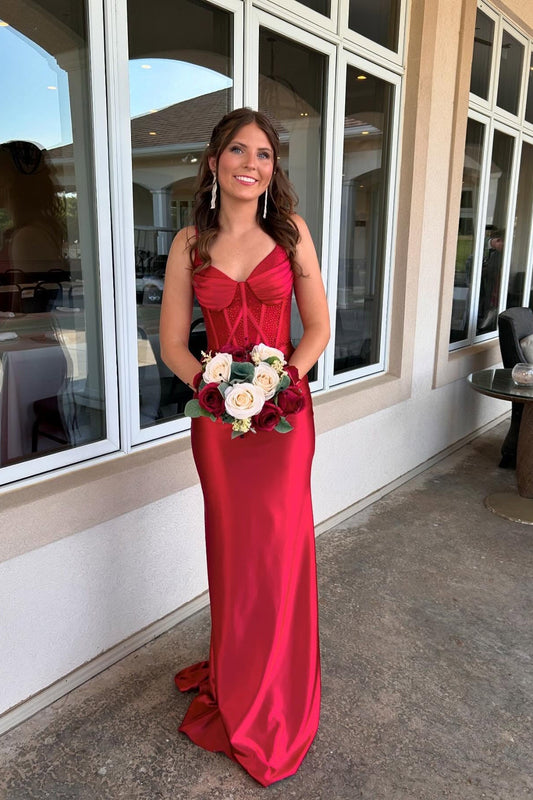 V-neck Red Beaded Mermaid Long Dress with Slit