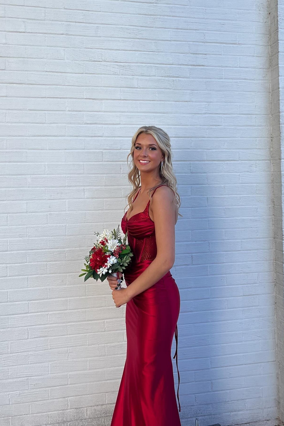 V-neck Red Beaded Mermaid Long Dress with Slit