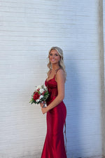 V-neck Red Beaded Mermaid Long Dress with Slit