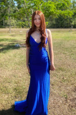 V-neck Royal Blue Back Tie Mermaid Long Dress