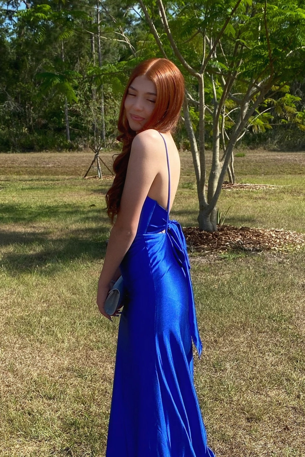 V-neck Royal Blue Back Tie Mermaid Long Dress