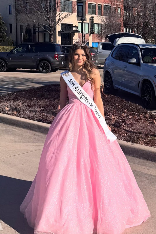 V-neck Pink Sparkle Tulle A-line Long Dress