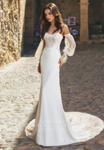 HONGIVEY Sweet Strapless Applique Wedding Dress Sleeves with Train Sheath Bride Gown