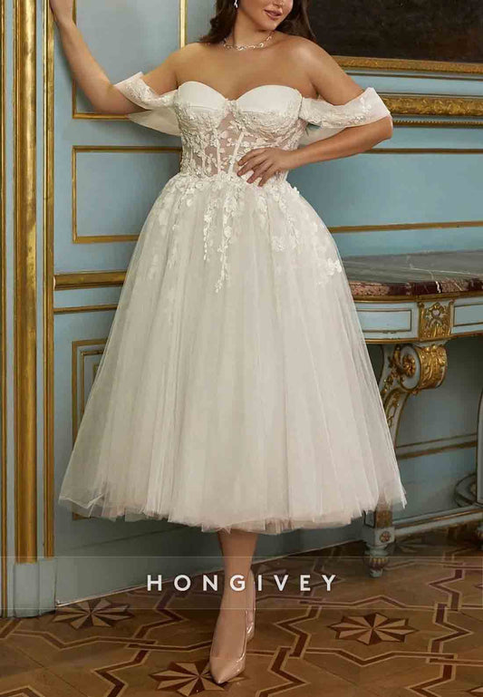 Off the Shoulder Princess Sweetheart Tulle Tea-Length Lace Wedding Dresses