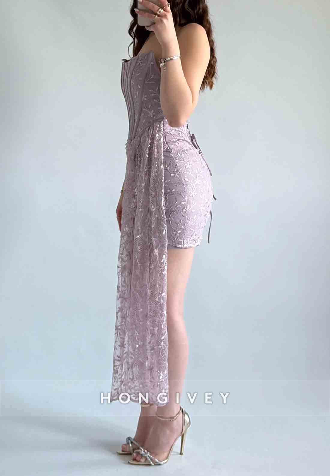 Side Draping Sheath Tie Back Strapless Lace Flowers Mini Homecoming Dresses