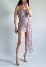 Side Draping Sheath Tie Back Strapless Lace Flowers Mini Homecoming Dresses