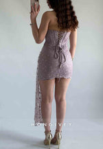 Side Draping Sheath Tie Back Strapless Lace Flowers Mini Homecoming Dresses