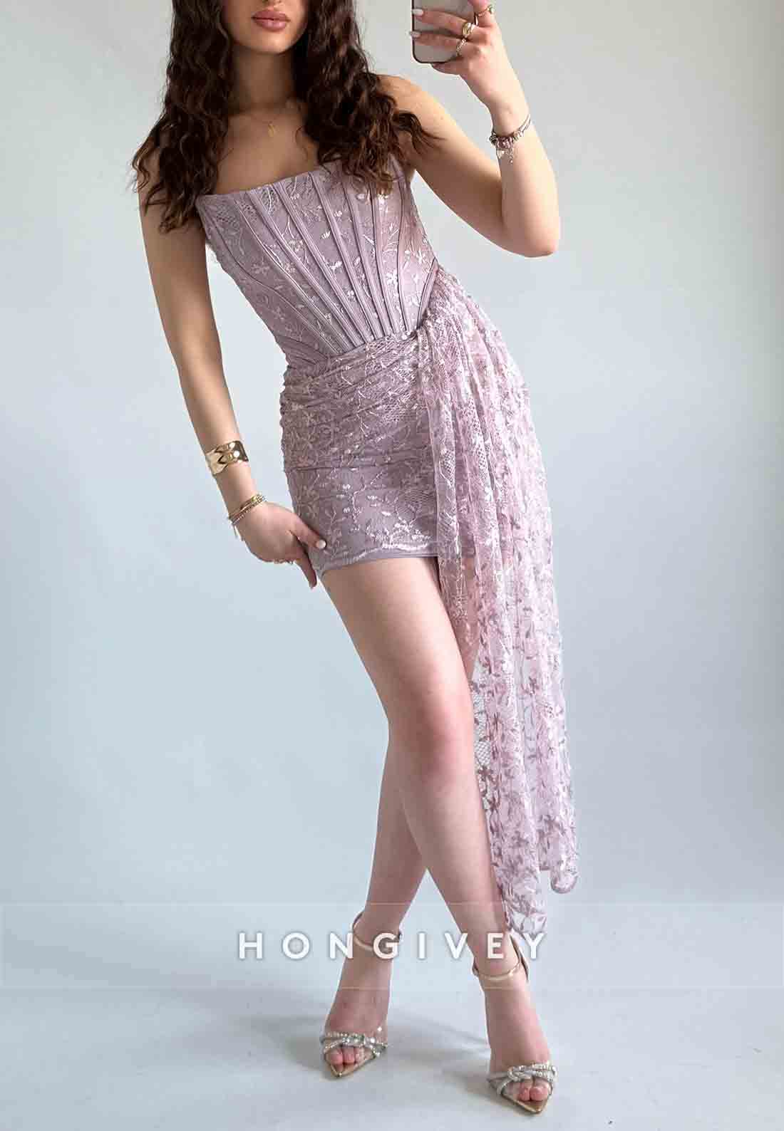 Side Draping Sheath Tie Back Strapless Lace Flowers Mini Homecoming Dresses