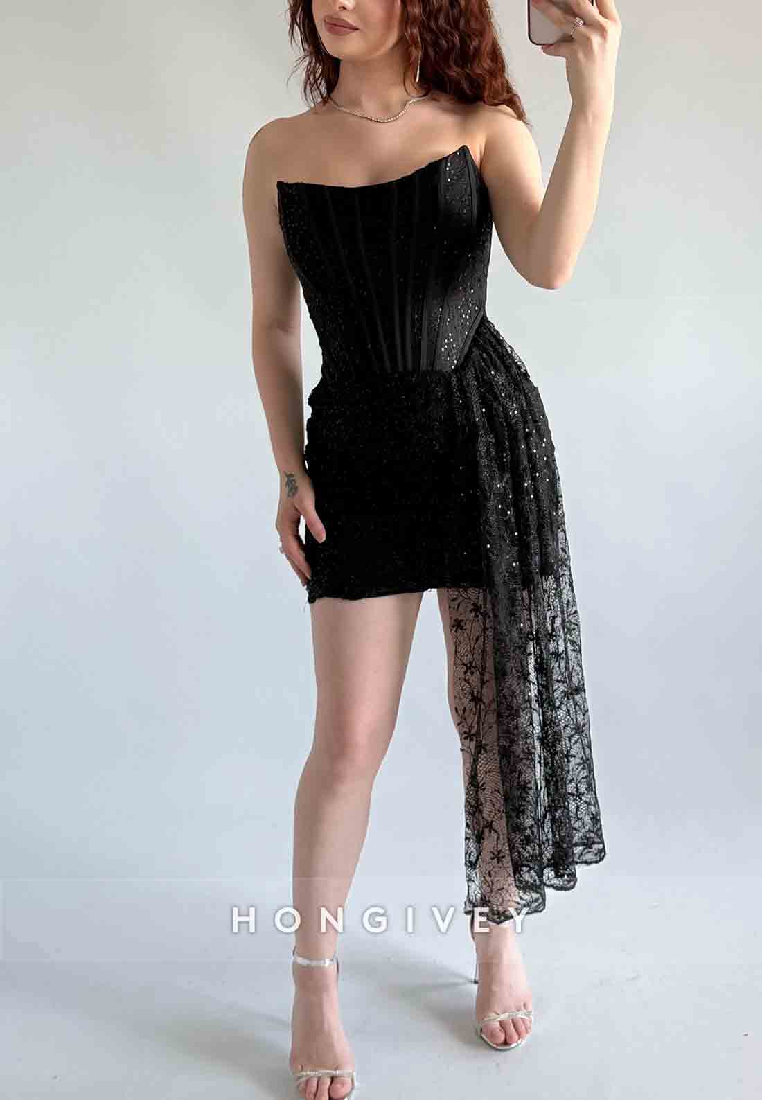 Side Draping Sheath Tie Back Strapless Lace Flowers Mini Homecoming Dresses