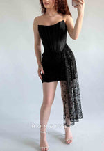 Side Draping Sheath Tie Back Strapless Lace Flowers Mini Homecoming Dresses