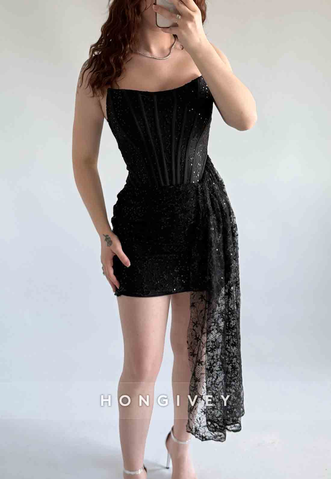 Side Draping Sheath Tie Back Strapless Lace Flowers Mini Homecoming Dresses