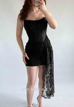 Side Draping Sheath Tie Back Strapless Lace Flowers Mini Homecoming Dresses