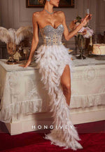 Luxurious Sweetheart Strapless Beaded Floor-Length Prom Dresses with High Slit and Feather