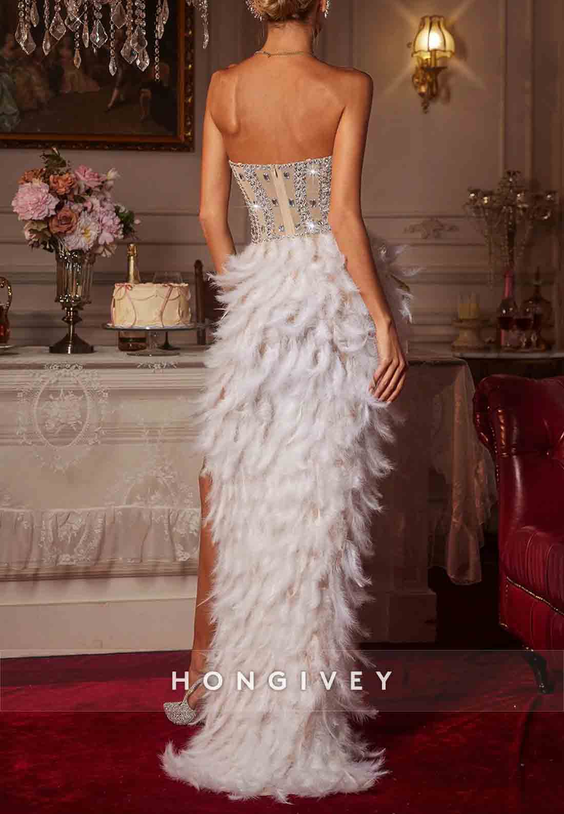 Luxurious Sweetheart Strapless Beaded Floor-Length Prom Dresses with High Slit and Feather