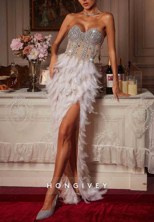 Luxurious Sweetheart Strapless Beaded Floor-Length Prom Dresses with High Slit and Feather