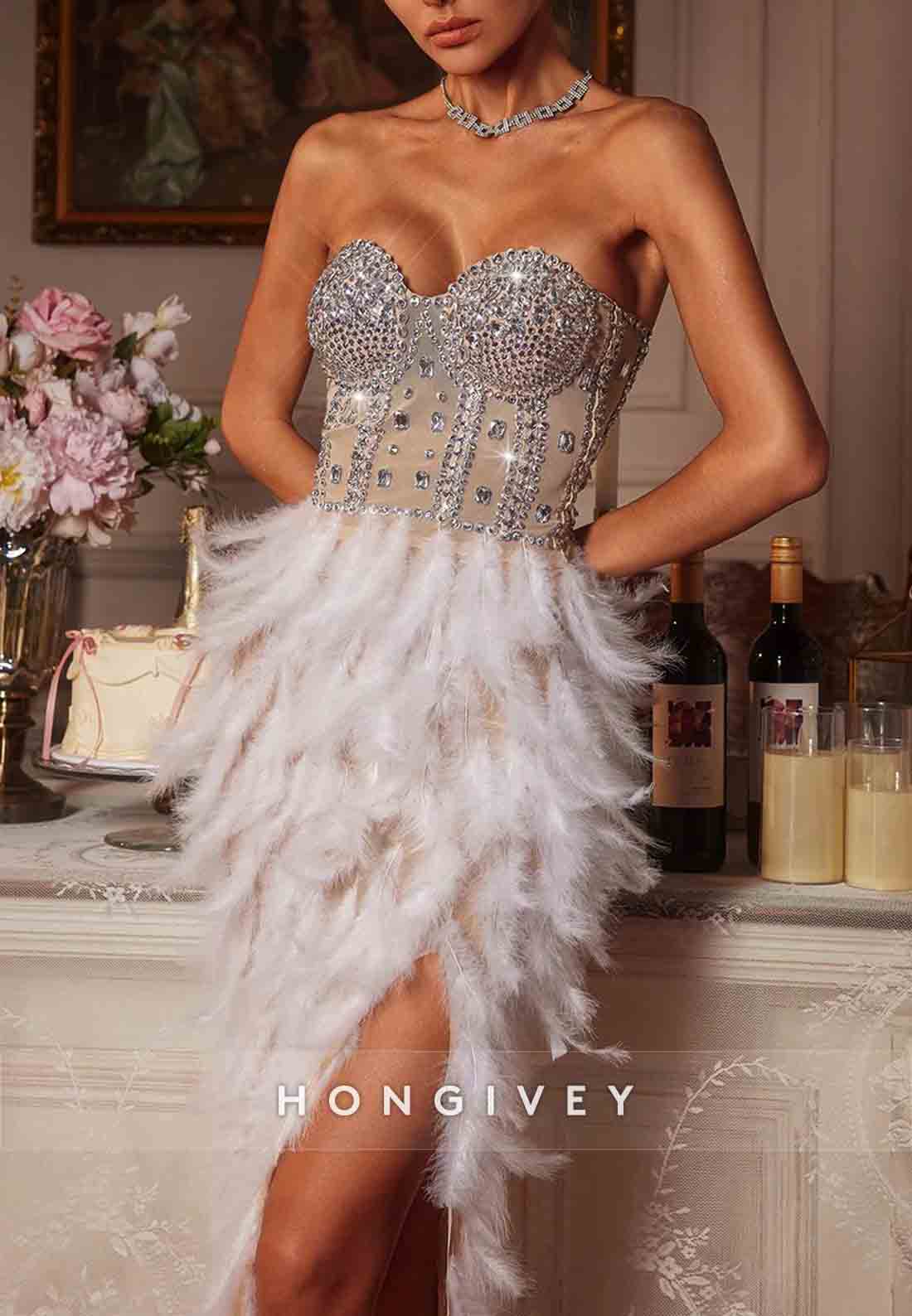 Luxurious Sweetheart Strapless Beaded Floor-Length Prom Dresses with High Slit and Feather