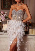 Luxurious Sweetheart Strapless Beaded Floor-Length Prom Dresses with High Slit and Feather