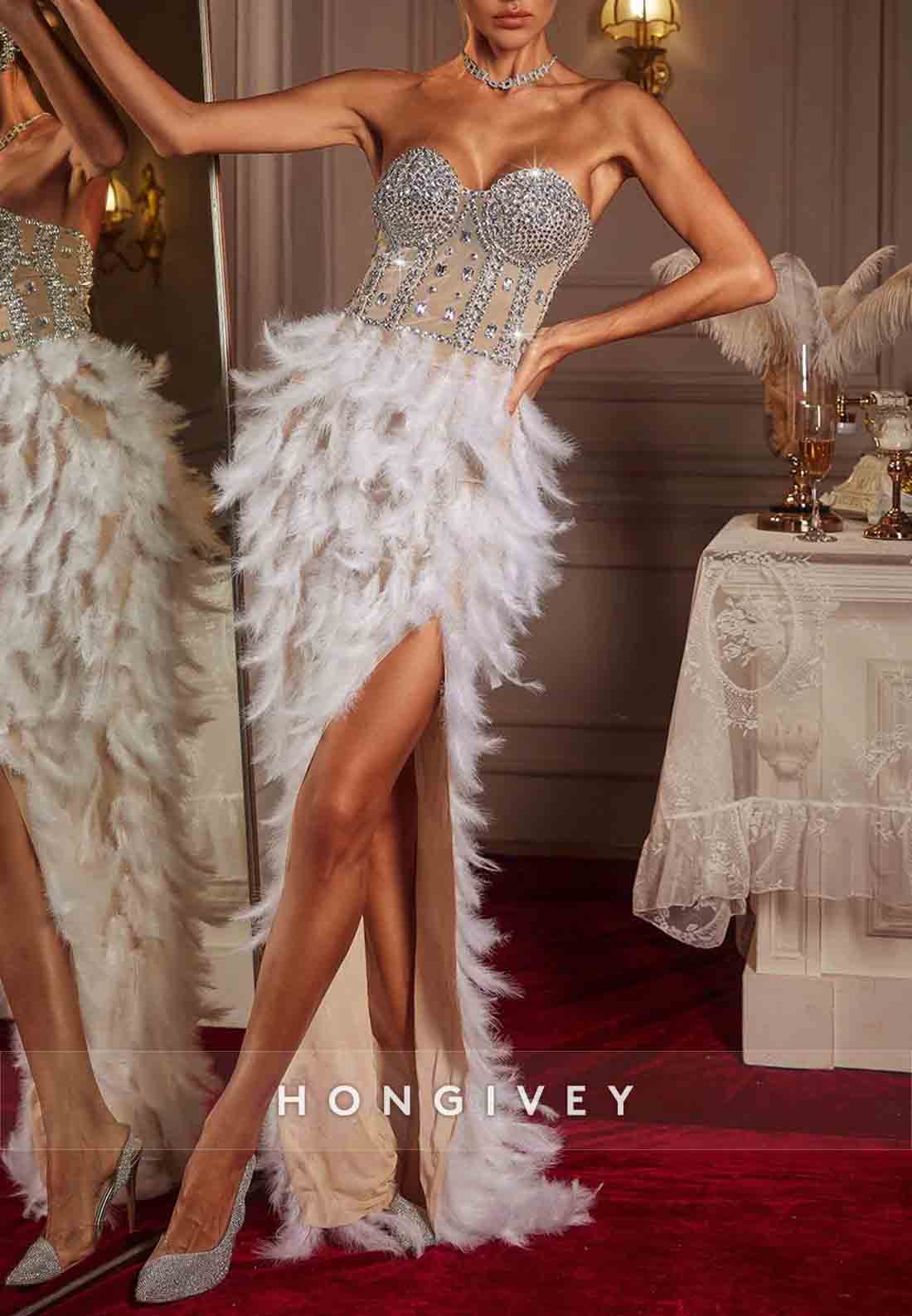 Luxurious Sweetheart Strapless Beaded Floor-Length Prom Dresses with High Slit and Feather