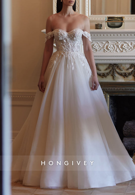 Appliqued Off the Shoulder Tulle Empire Sweep Train Ball Gown Wedding Dresses