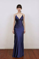 Vintage Silk Satin Beaded Backless Navy Blue Prom Dress Formal Gown