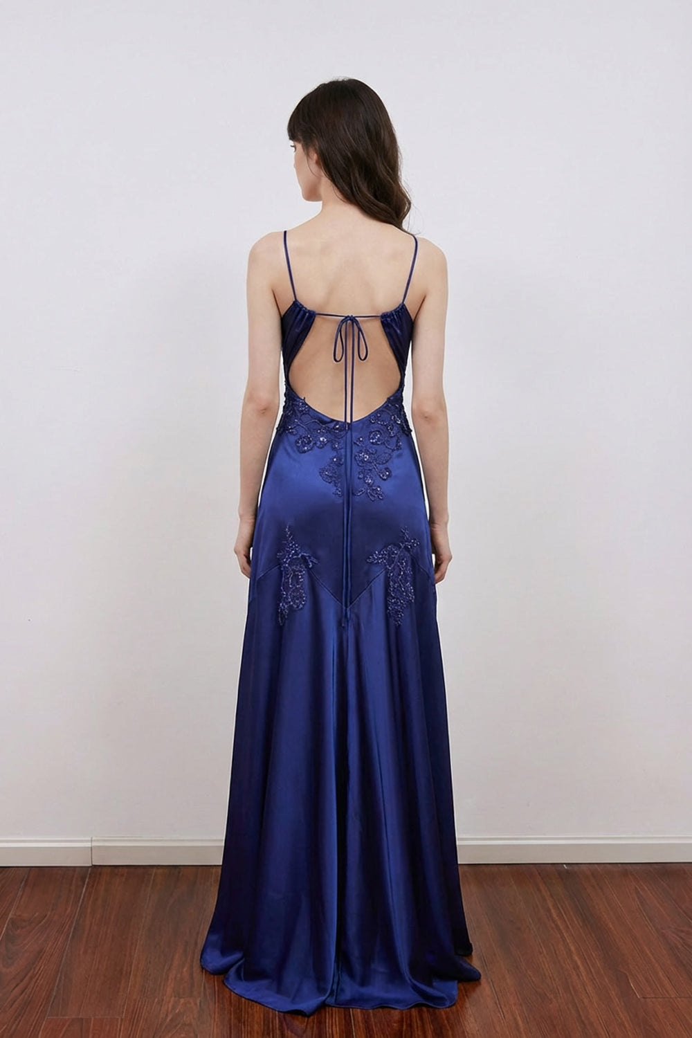 Vintage Silk Satin Beaded Backless Navy Blue Prom Dress Formal Gown