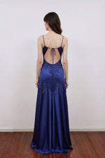 Vintage Silk Satin Beaded Backless Navy Blue Prom Dress Formal Gown