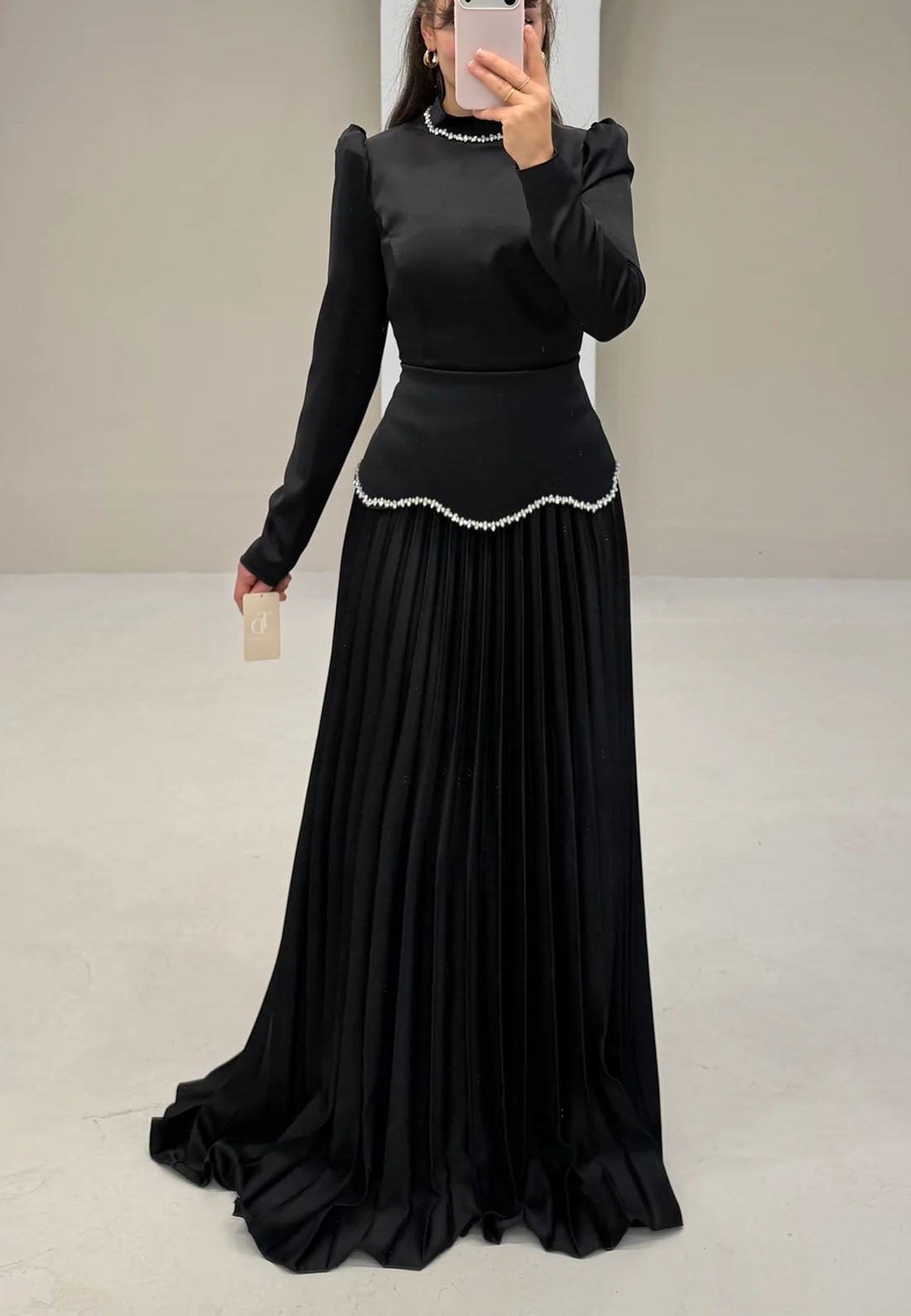 Elegant Beaded Black High Neck Long Sleeve A-Line Evening Dress Women