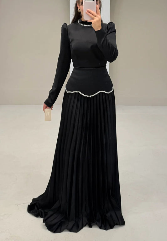 Elegant Beaded Black High Neck Long Sleeve A-Line Evening Dress Women