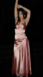 Pink V-Neck Satin Bridesmaid Dress Floor Length Evening Prom Dress