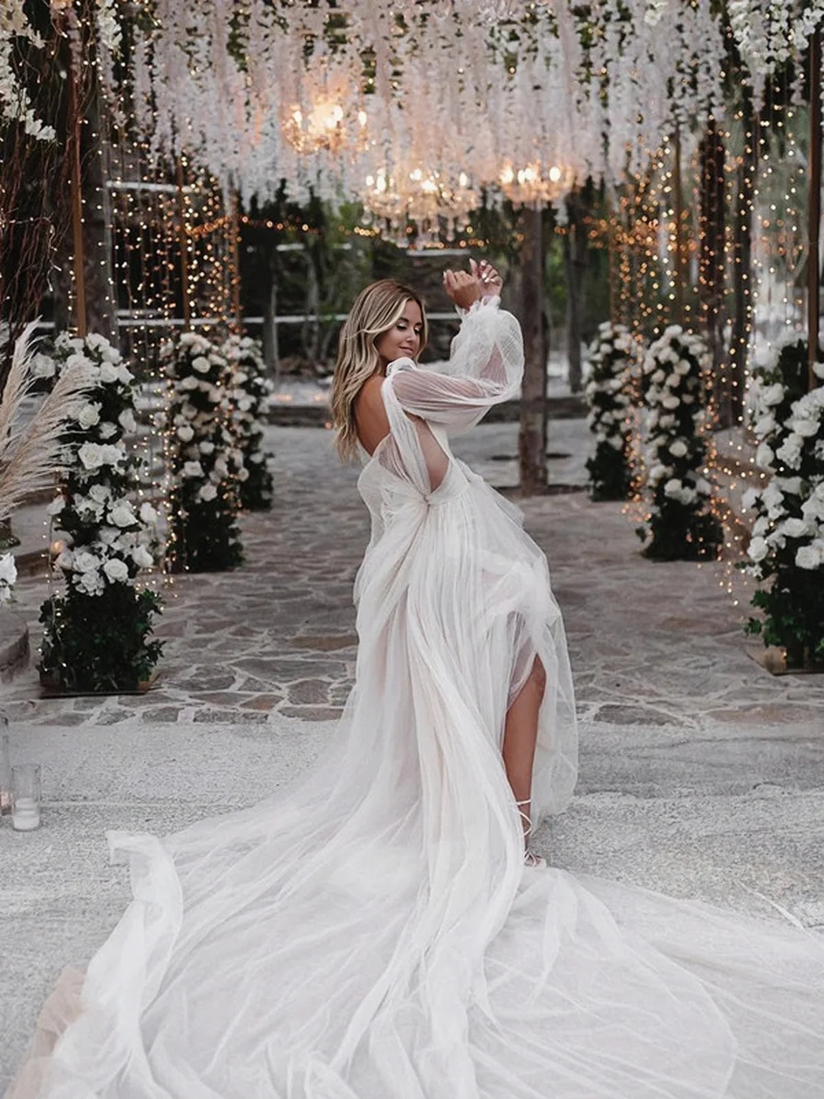 Long Sleeves Cut Out A Line Tulle Bohemian Wedding Dress