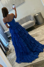 Off Shoulder A Line Tulle Ruffled Prom Dresses Long Corset Beaded Evening Party Gowns