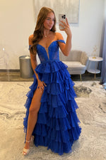 Off Shoulder A Line Tulle Ruffled Prom Dresses Long Corset Beaded Evening Party Gowns