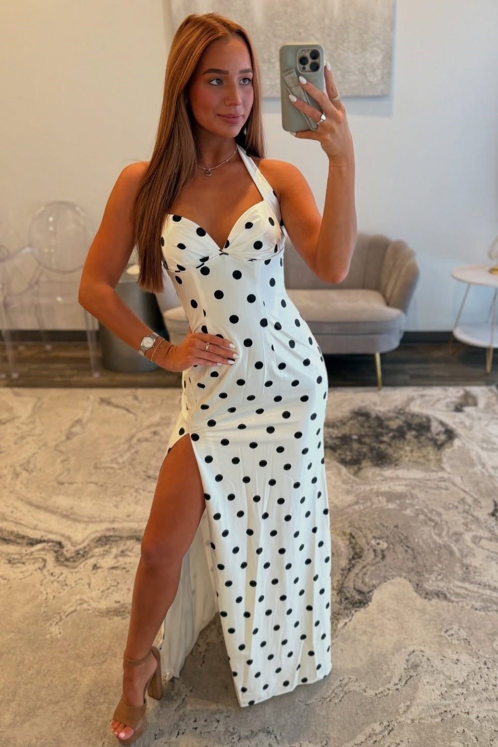 Sheath Sweetheart Satin Long Prom Dresses Black Dots Halter Neck Evening Gowns with Split