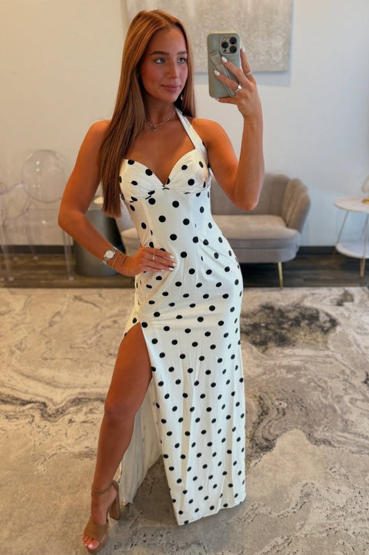 Sheath Sweetheart Satin Long Prom Dresses Black Dots Halter Neck Evening Gowns with Split