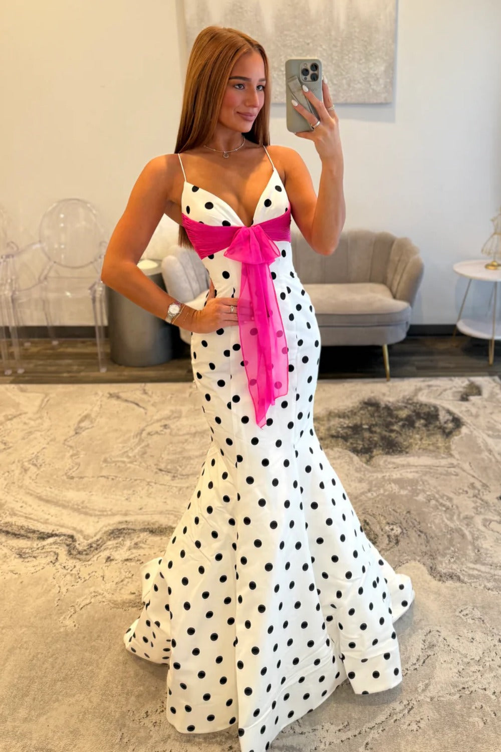 Mermaid V Neck Long Prom Dresses Black Dots Backless Spaghetti Straps Evening Gowns