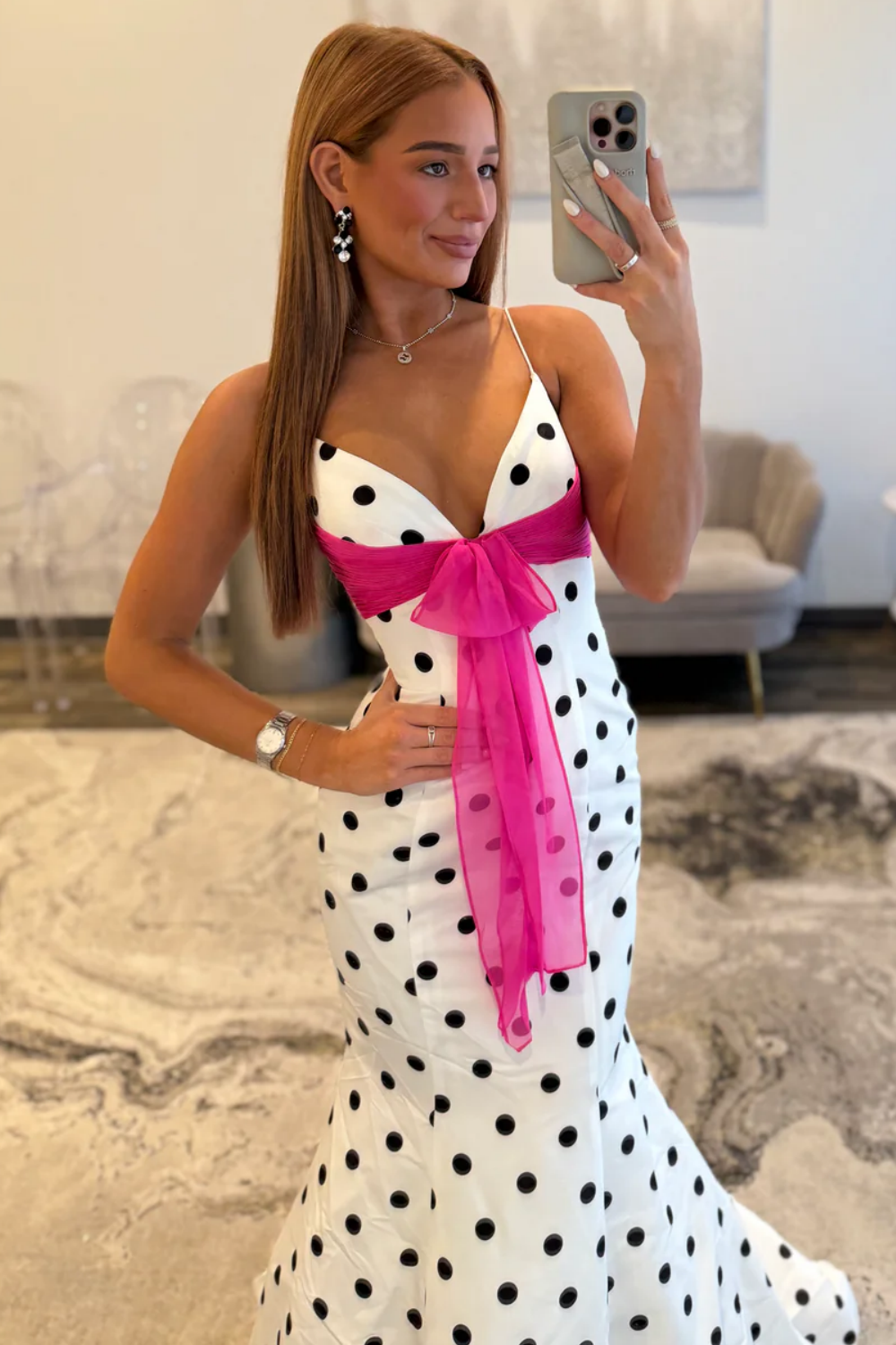 Mermaid V Neck Long Prom Dresses Black Dots Backless Spaghetti Straps Evening Gowns