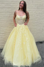 A-Line Strapless Halter Sleeveless Pleated Appliques Yellow Tulle Prom Dress WU1606