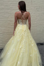 A-Line Strapless Halter Sleeveless Pleated Appliques Yellow Tulle Prom Dress WU1606
