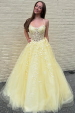 A-Line Strapless Halter Sleeveless Pleated Appliques Yellow Tulle Prom Dress WU1606